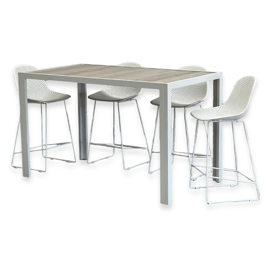 Ekaterina Gardenia 5 Piece Outdoor Bar Tables and Stools Set | White - Image 3